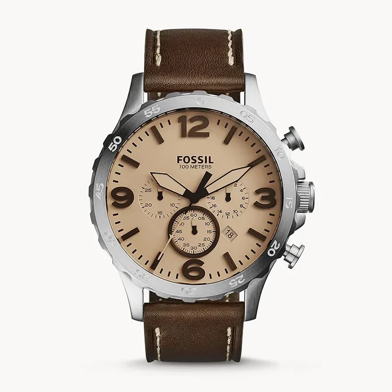 Fossil Nate Chronograph Biege Dial Dark Brown Leather Men's Watch | JR1512