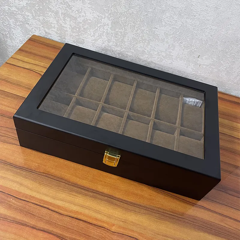 12 Slot Wooden Black Watch Organizer Box and Gift Case