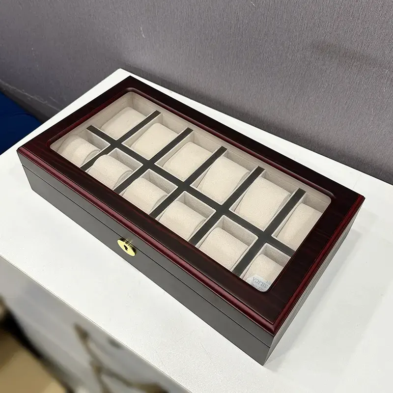 12 Slot Wooden Watch Organizer Box & Gift Case With Lock