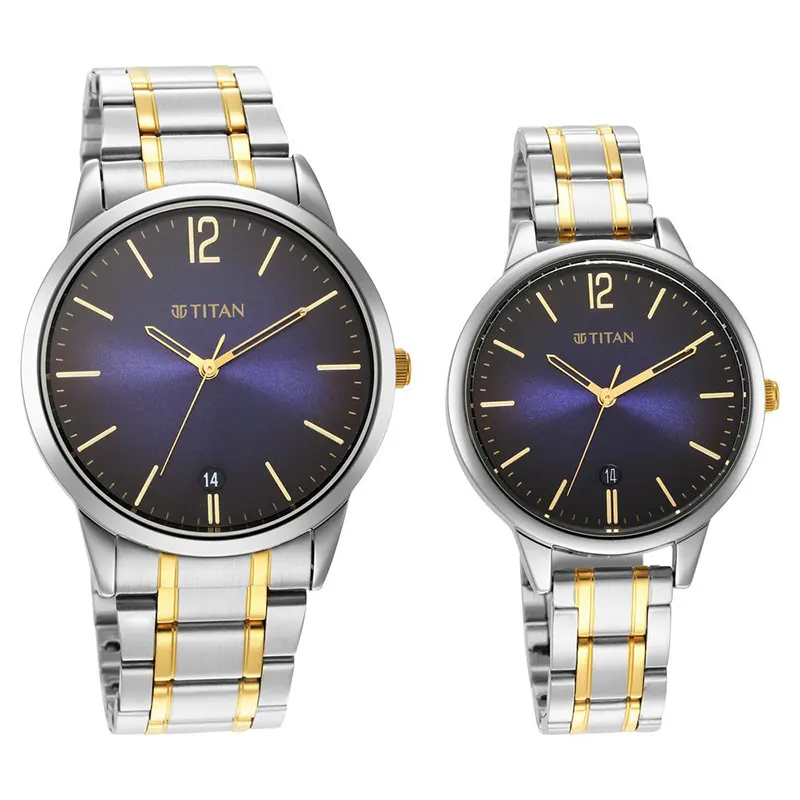 Titan Date Blue Dial Two-Tone Couple Watch | 18062617BM01