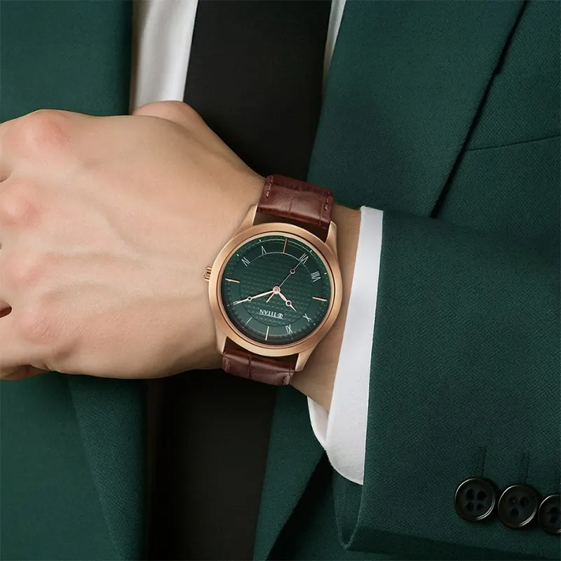 Titan Karishma Green Dial Brown Leather Men's Watch | 1823WL02