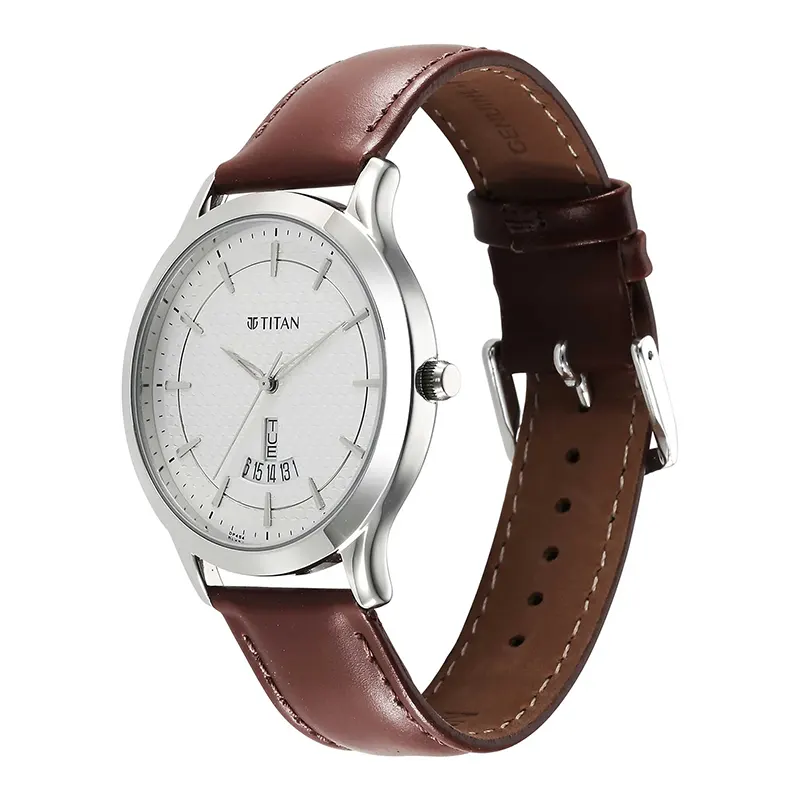 Titan Karishma Silver Dial Brown Leather Strap Men's Watch | 1825SL15
