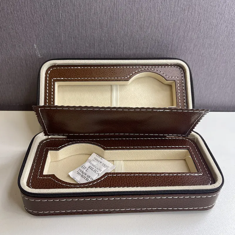 2 Slot Premium Dark Brown Leather Watch Travel Box