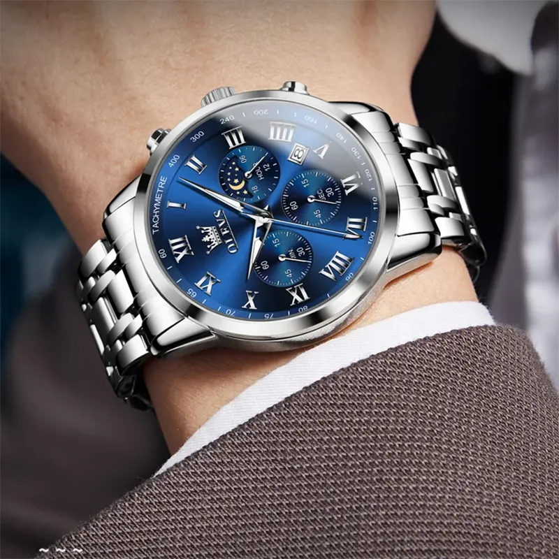 Olevs 5529 Blue Dial Silver-tone Moon Phase Men's Watch