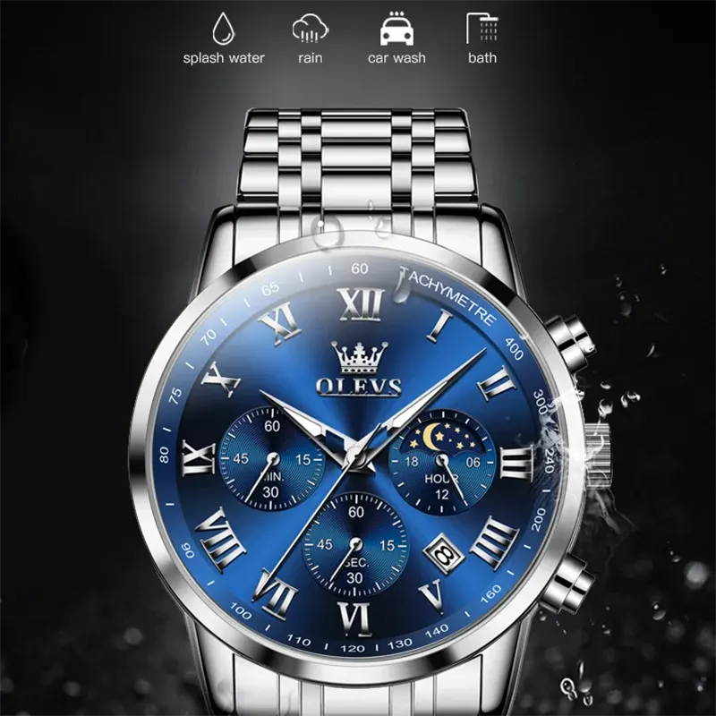 Olevs 5529 Blue Dial Silver-tone Moon Phase Men's Watch