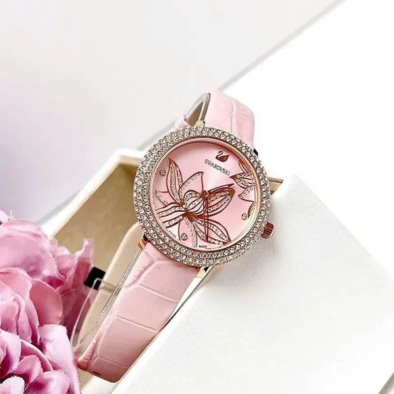 Swarovski Crystal Frost Pink Floral Dial Leather Ladies Watch | 5575217