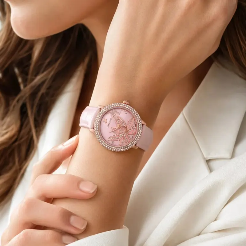 Swarovski Crystal Frost Pink Floral Dial Leather Ladies Watch | 5575217