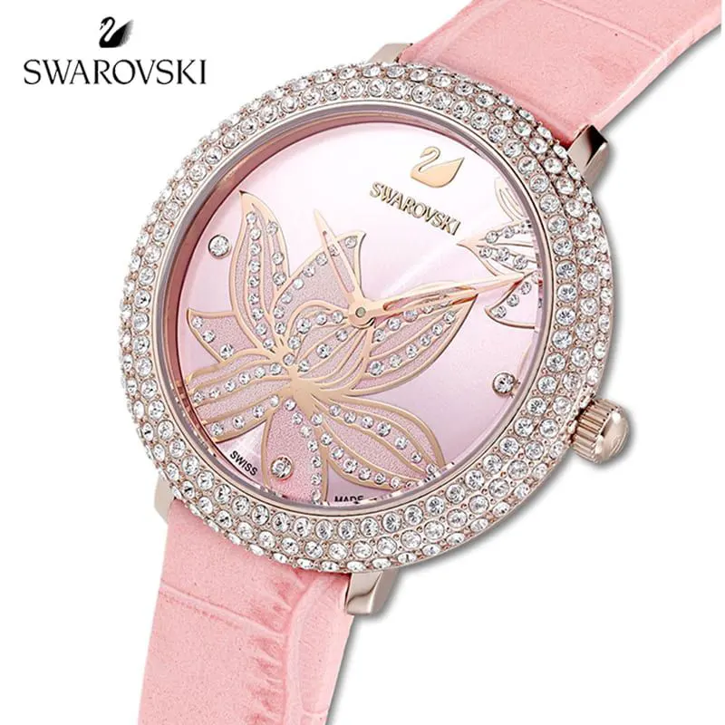 Swarovski Crystal Frost Pink Floral Dial Leather Ladies Watch | 5575217