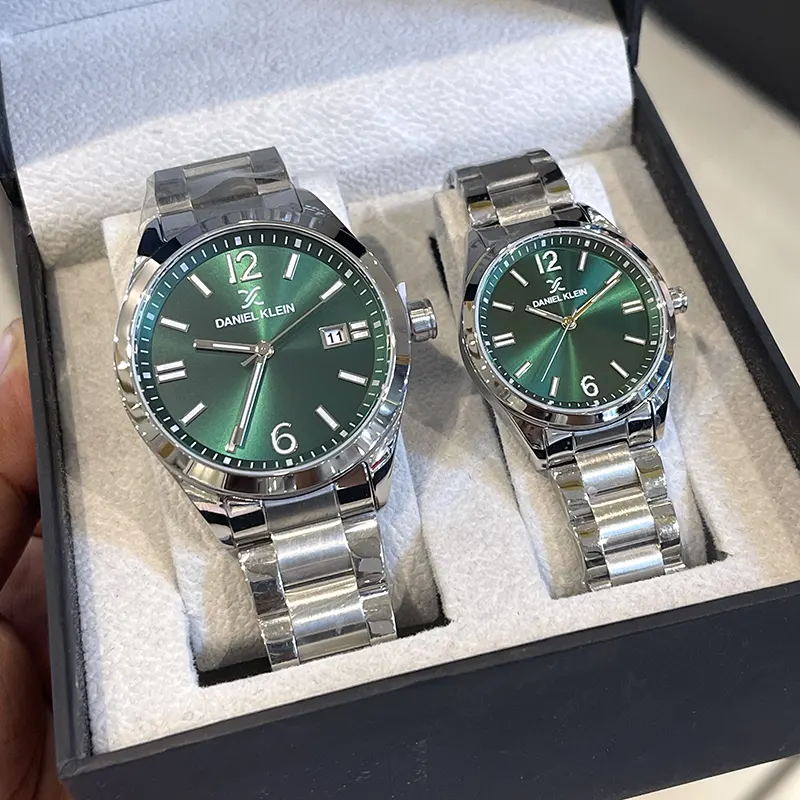 Daniel Klein Green Dial Silver-tone Couple Set | DK.1.13753-4