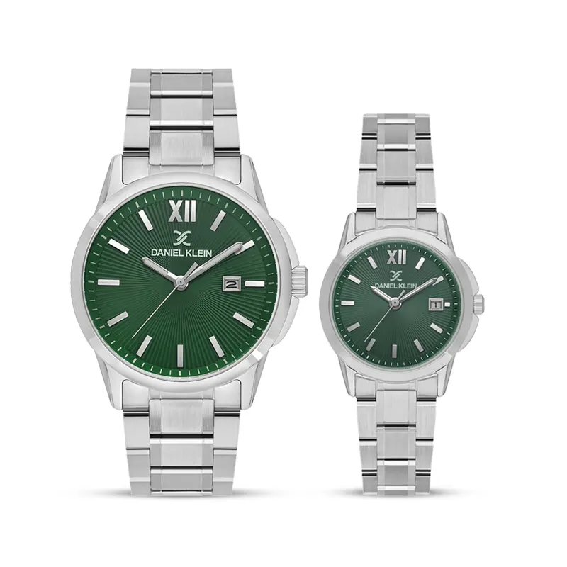Daniel Klein Green Dial Silver-tone Couple Set | DK.1.13839-3