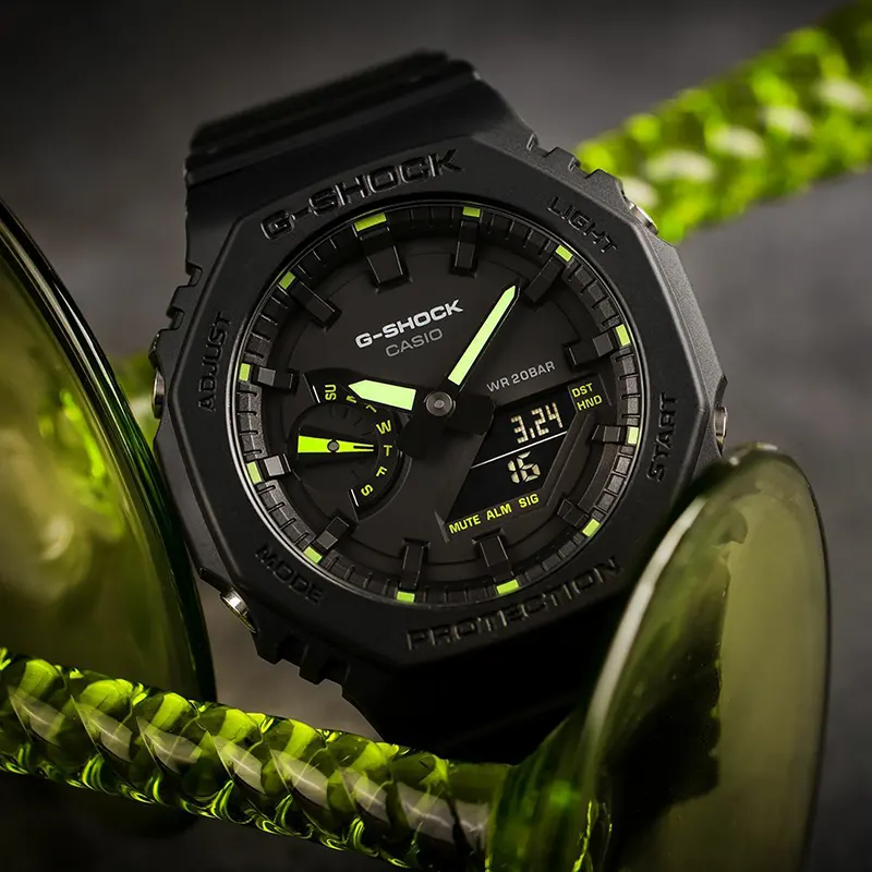 Casio G-Shock Neon Green Accents Black Dial Men's Watch | GA-2100-1A3