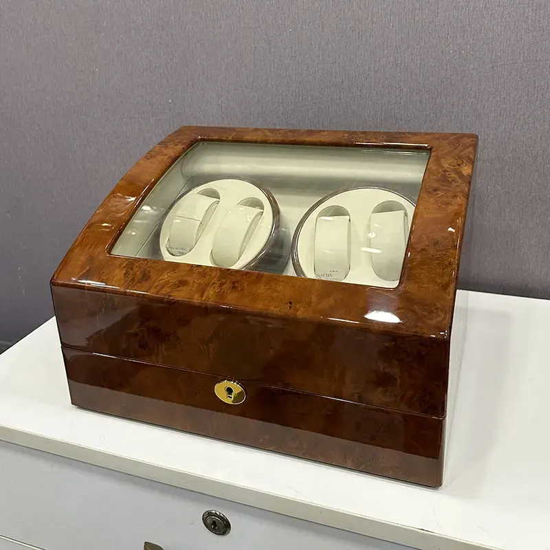 Luxury 4-Slot Automatic Watch Winder with 6 Storage Capacity – High Gloss Burlwood Finish
