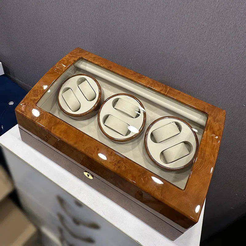 Luxury 6-Slot Automatic Watch Winder with 7 Storage Capacity – High Gloss Burlwood Finish