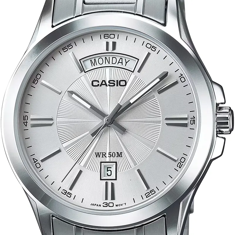 Casio Enticer Day-Date Silver Dial Men's Watch | MTP-1381D-7AV