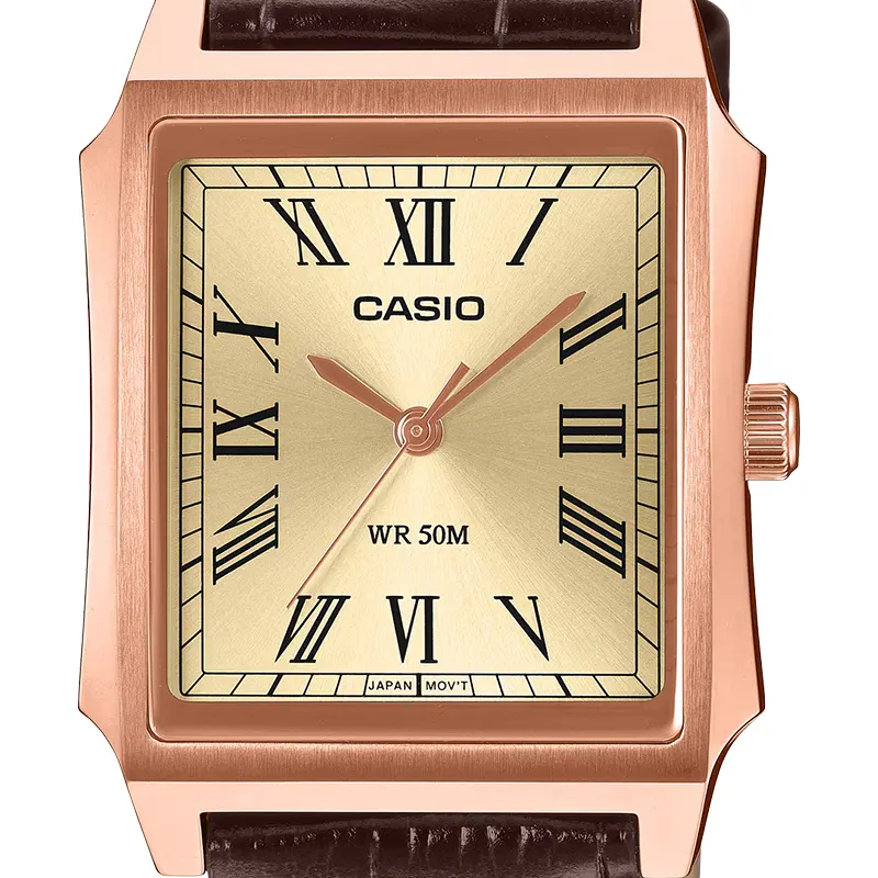 Casio Enticer Tank Style Champagne Dial Leather Men's Watch | MTP-B190RGL-9BV