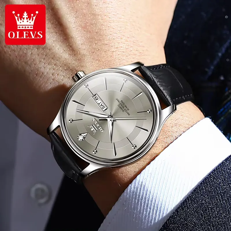 Olevs 9908 Grey Dial Black Leather Strap Men's Watch