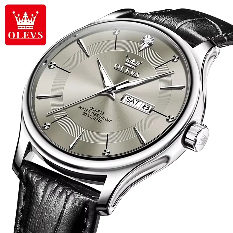 Olevs 9908 Grey Dial Black Leather Strap Men's Watch