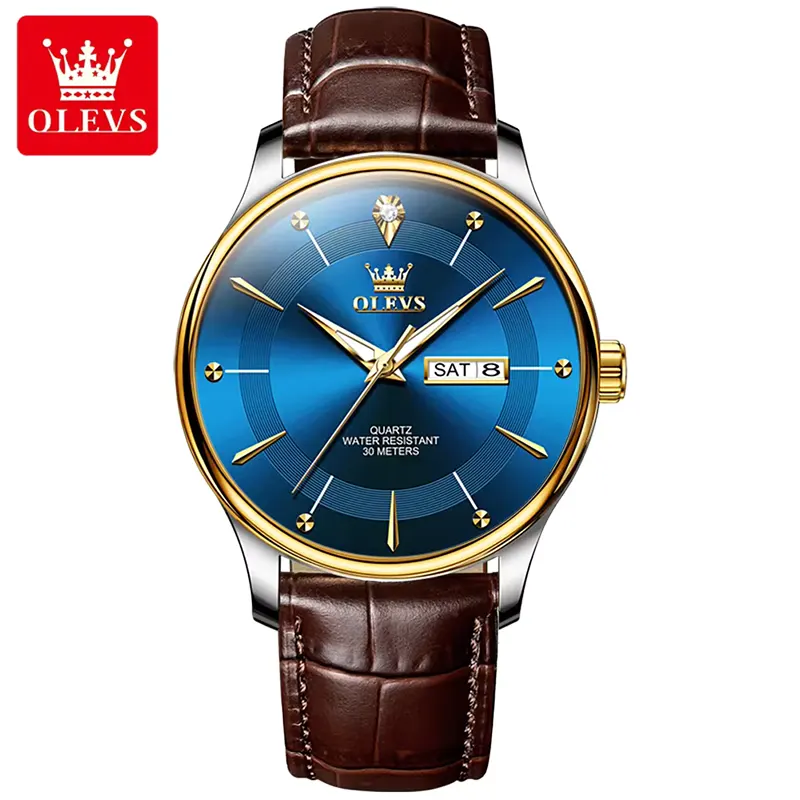 Olevs 9908 Blue Dial Brown Leather Strap Men's Watch