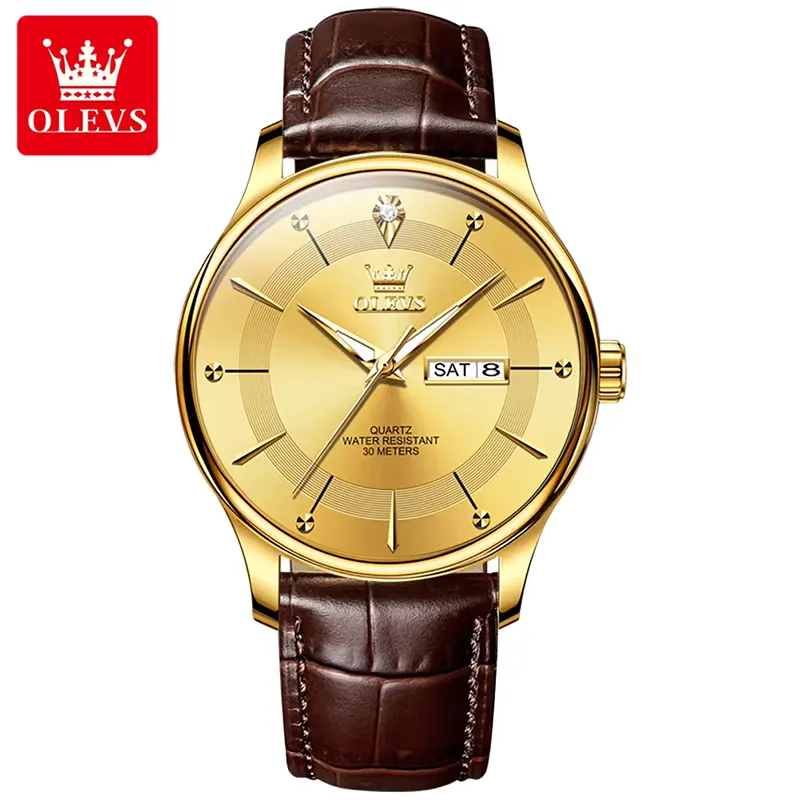 Olevs 9908 Gold-tone Dial Brown Leather Strap Men's Watch