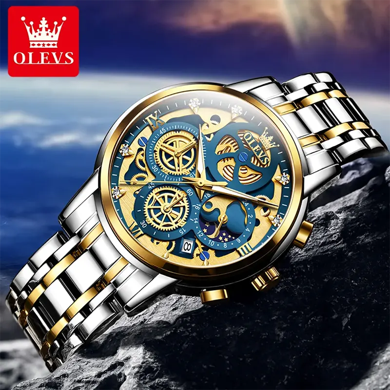 Olevs 9947 Chronograph Two-tone Blue Dial Luxury Men's Watch