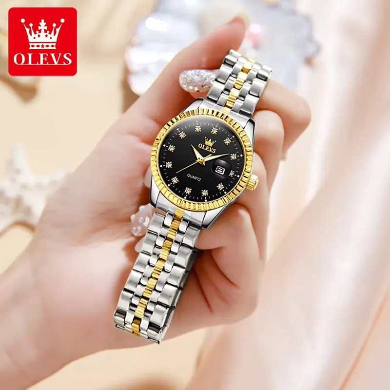 Olevs Luxury Black Dial Two-tone Ladies Watch | 5526