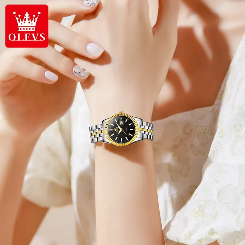 Olevs Luxury Black Dial Two-tone Ladies Watch | 5526