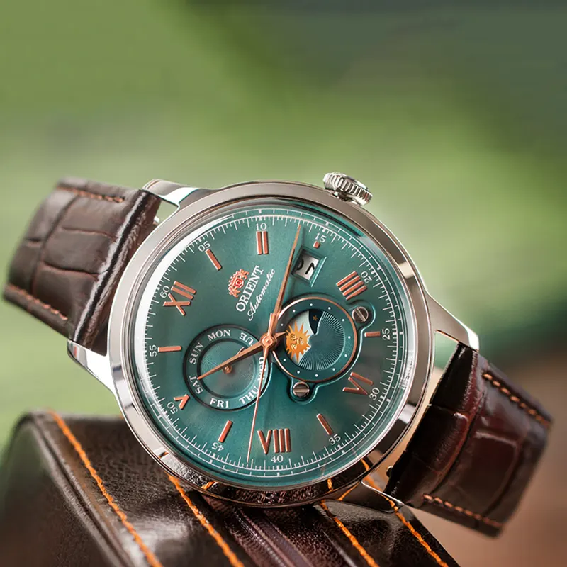 Orient Bambino Sun & Moon Green Dial Men's Watch | RA-AK0805E