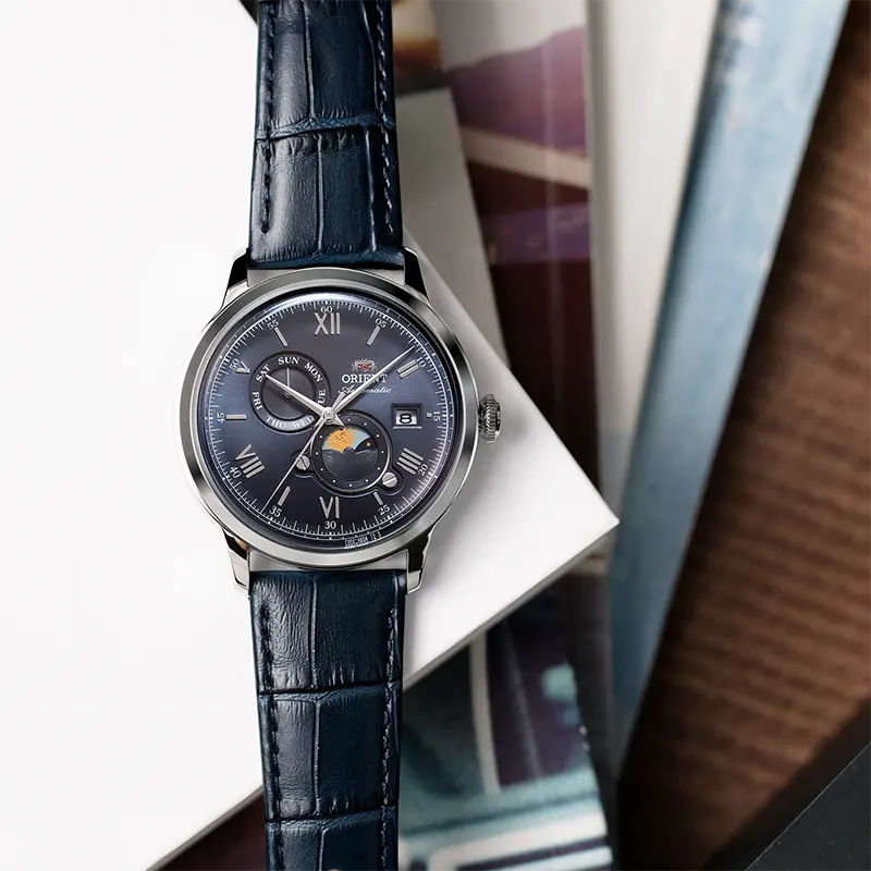 Orient Bambino Sun & Moon Navy Blue Dial Men's Watch | RA-AK0806L3