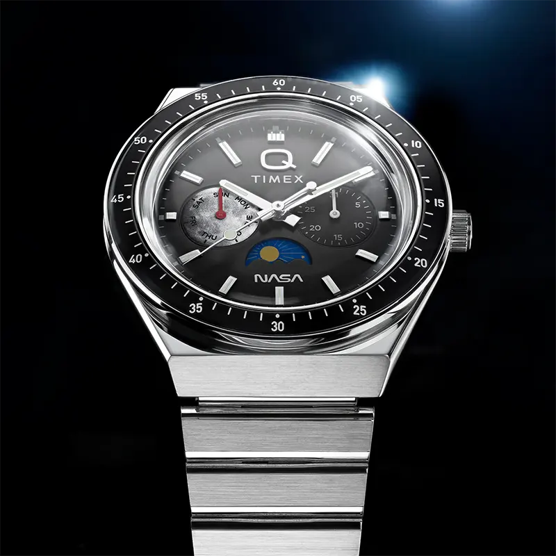 Q Timex NASA 40mm Multifunction Moonphase Black Dial Men's Watch | TW2Y56700