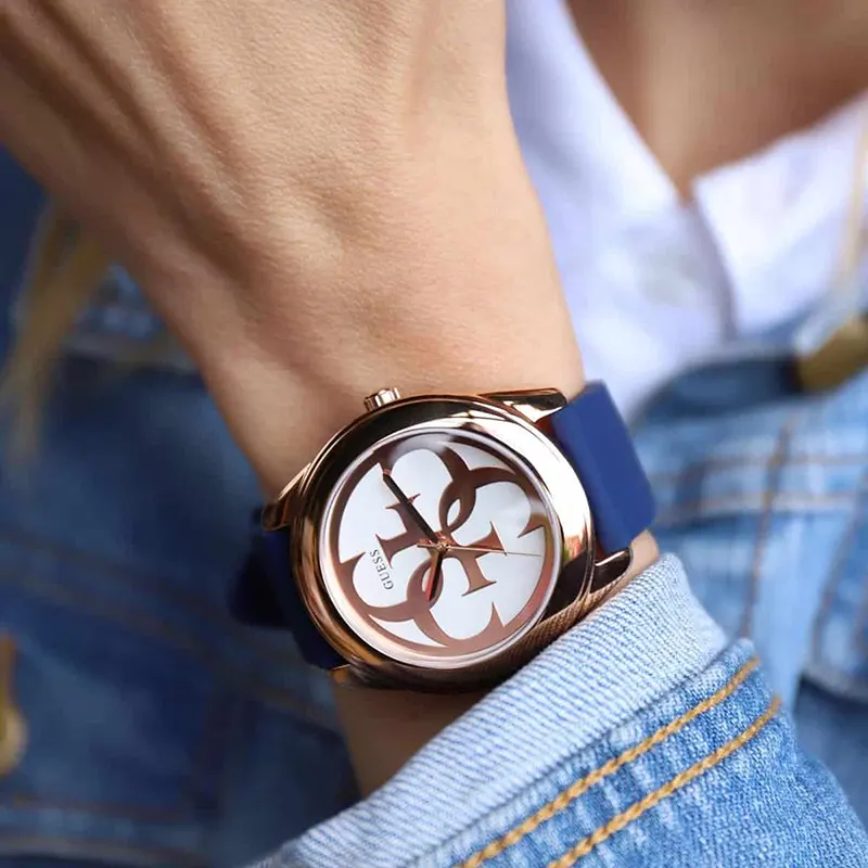 Guess G-Twist Rose Gold Dial Blue Silicone Ladies Watch | W0911L6