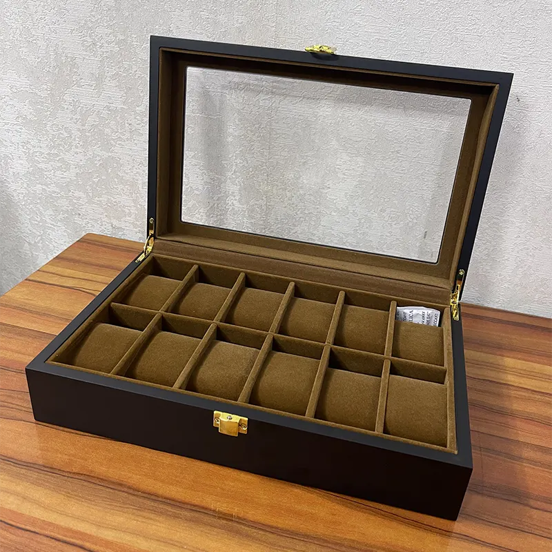 12 Slot Wooden Black Watch Organizer Box and Gift Case