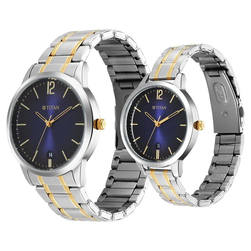 Titan Date Blue Dial Two-Tone Couple Watch | 18062617BM01