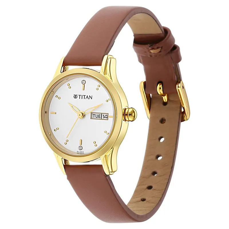 Titan Lagan 2656YL01 Day and Date White Dial Leather Strap Ladies Watch