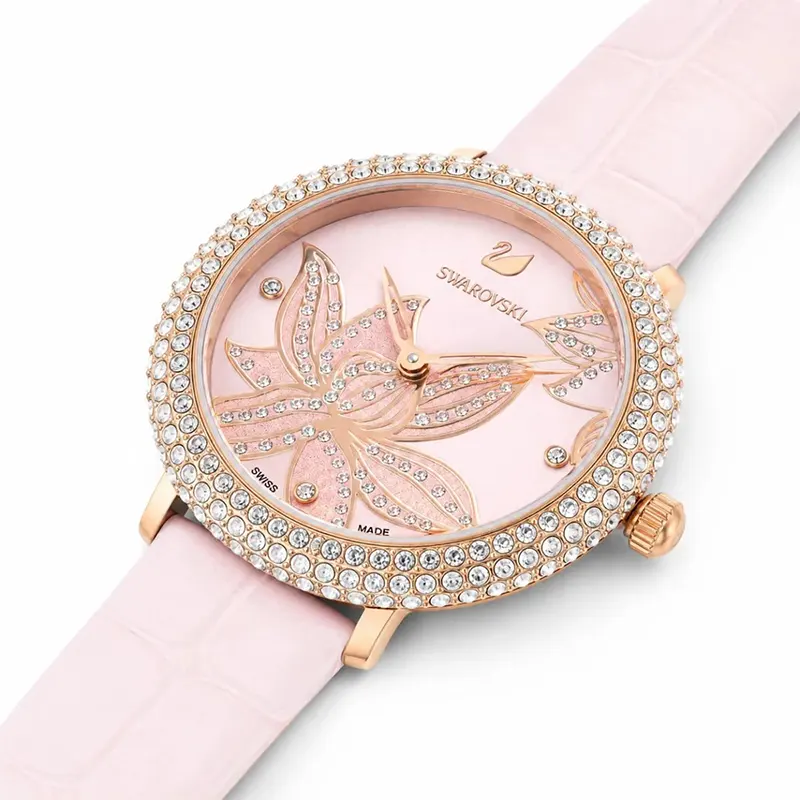 Swarovski Crystal Frost Pink Floral Dial Leather Ladies Watch | 5575217