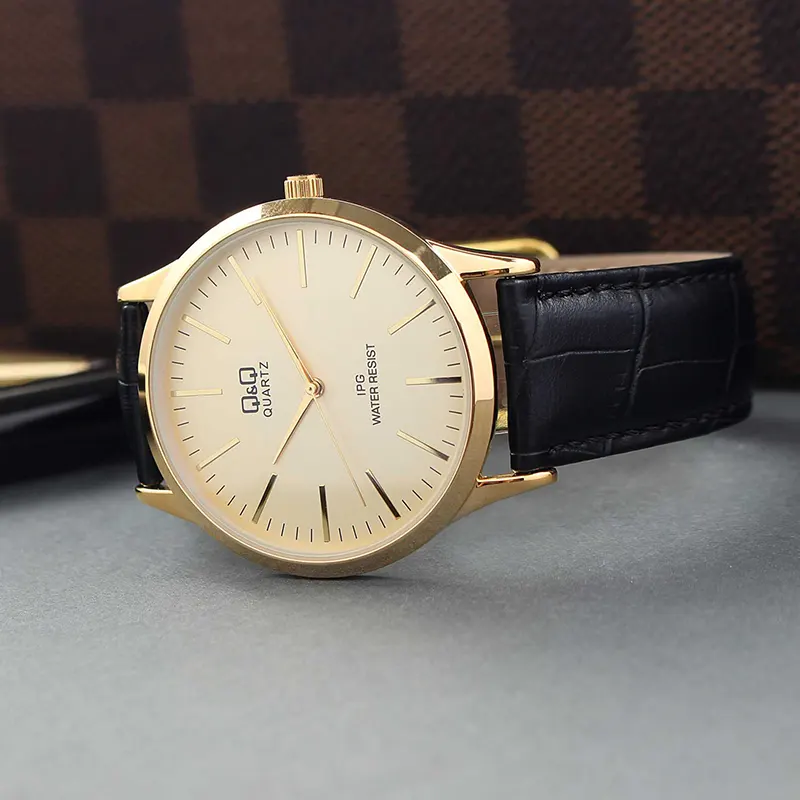 Q&Q C212J100Y Gold Dial Black Leather Men's Watch