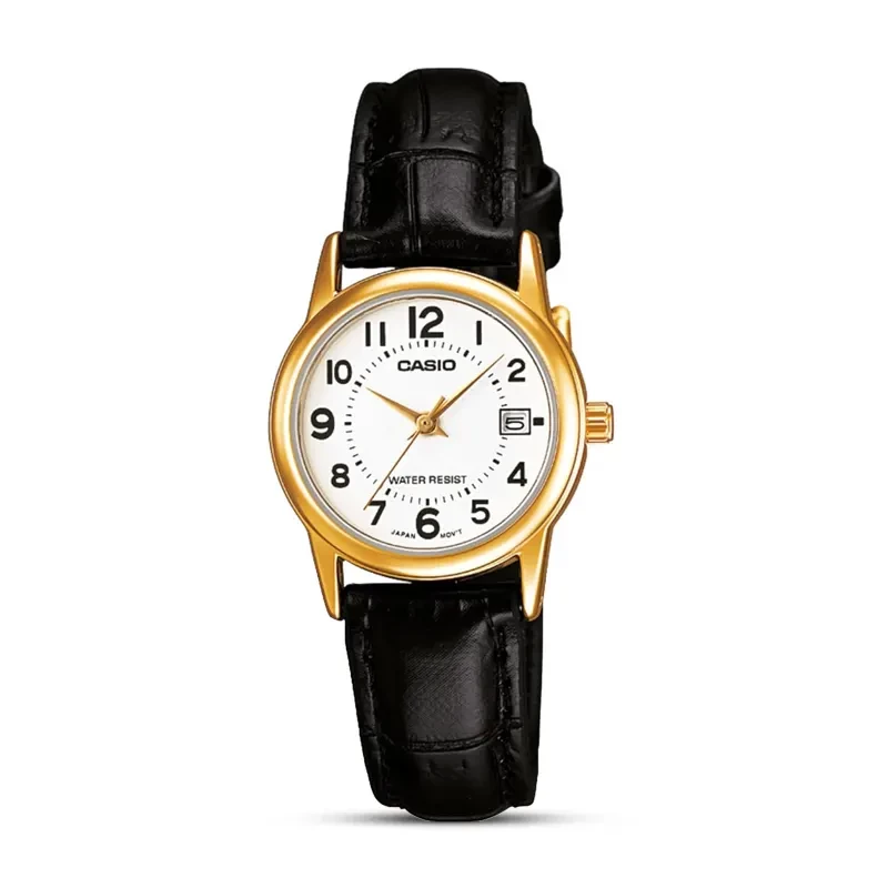 Casio White Dial Date Black Leather Ladies Watch | LTP-V002GL-7B