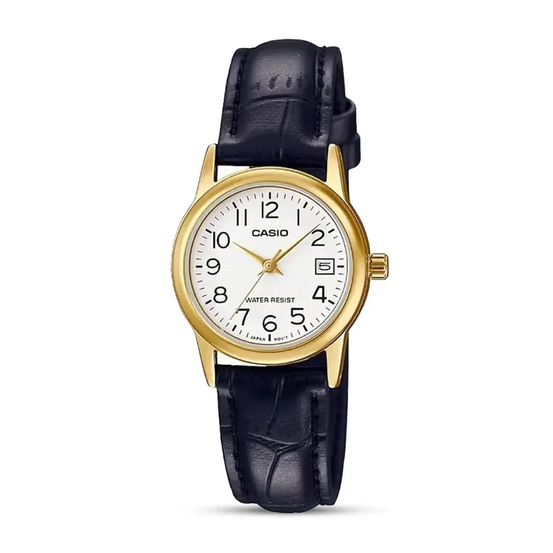 Casio White Dial Date Black Leather Ladies Watch | LTP-V002GL-7B2