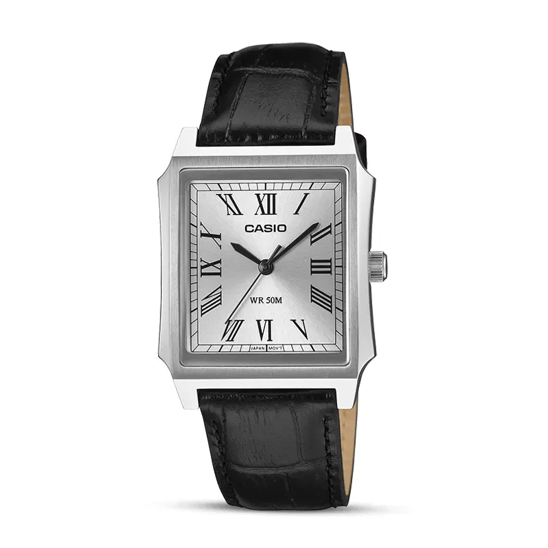 Casio Enticer Tank Style Silver Dial Leather Men's Watch | MTP-B190L-7BV