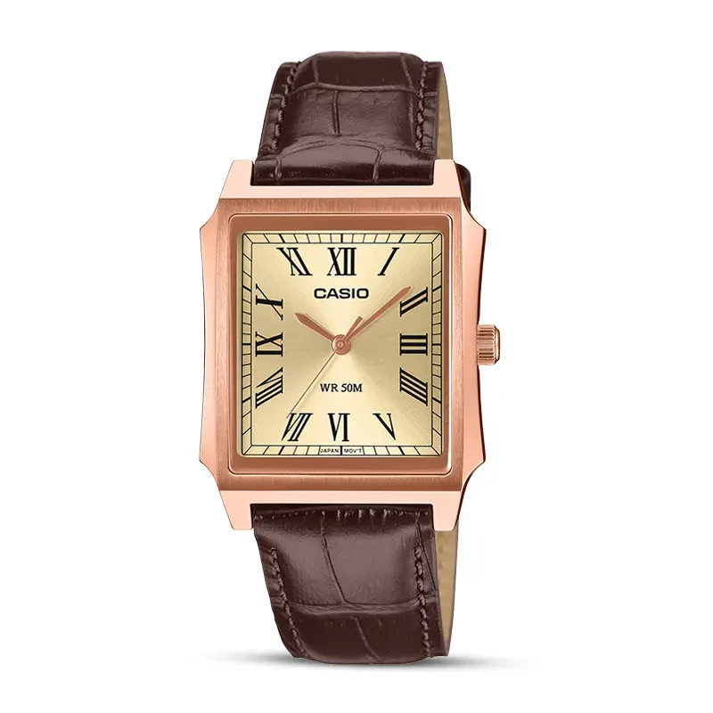 Casio Enticer Tank Style Champagne Dial Leather Men's Watch | MTP-B190RGL-9BV