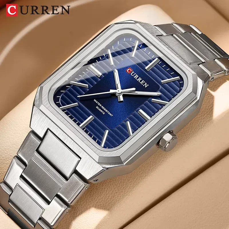 Curren Fashion Blue Dial Silver-tone Rectangular Men's Watch | 8457