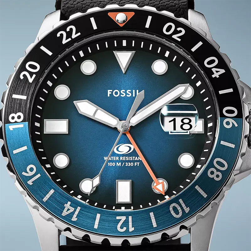 Fossil GMT Blue Black Dial Silicone Strap Men’s Watch | FS6049