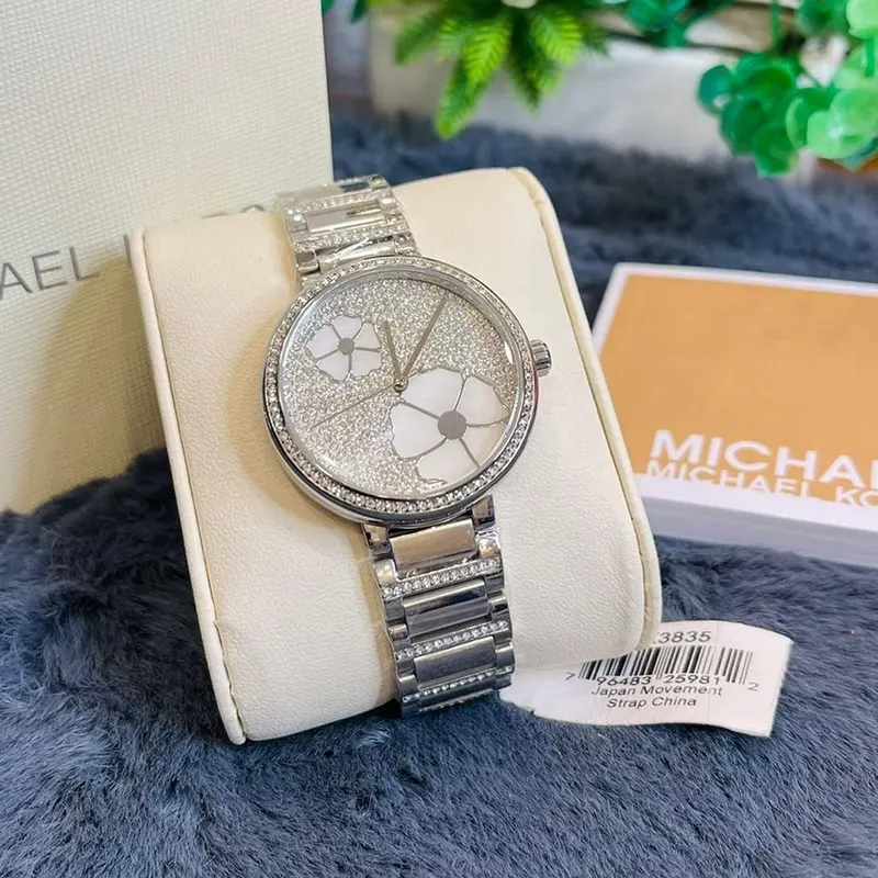 Michael Kors Courtney Silver Pave Flower Dial Ladies Watch | MK3835