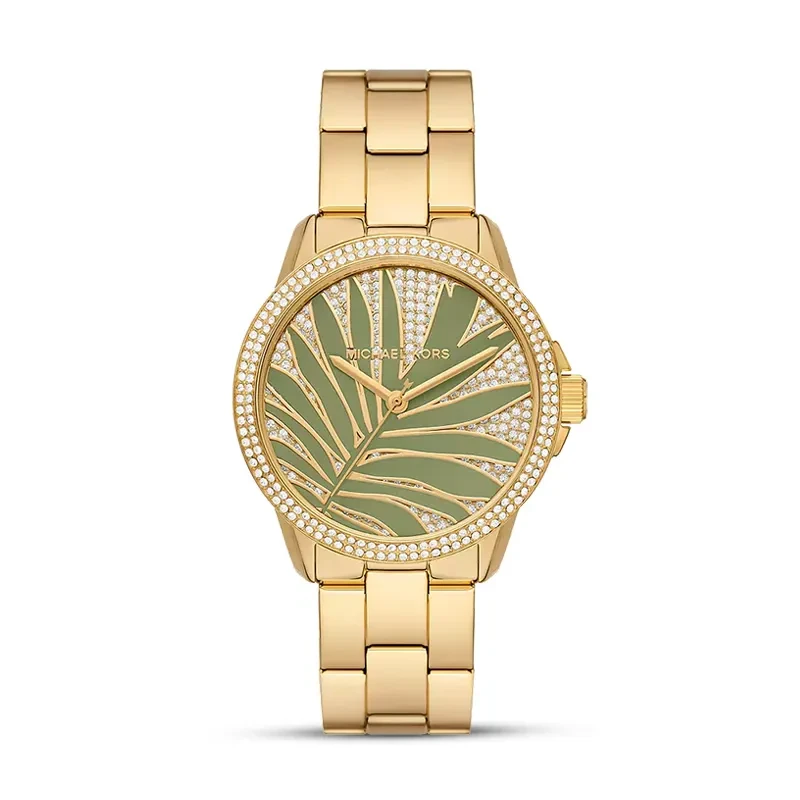 Michael Kors Brynn Green Palm Motif Pavé Dial Gold-Tone Ladies Watch | MKO1036