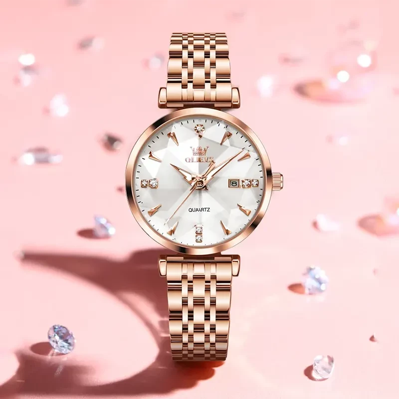Olevs Luxury Silver Diamond Dial Rose Gold Ladies Watch 5536