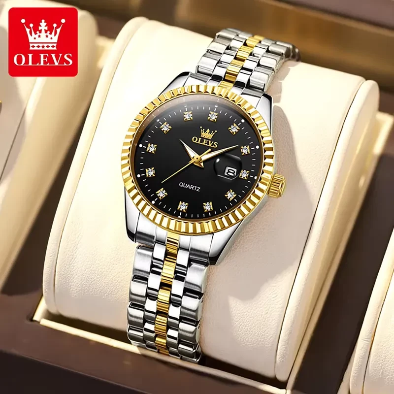 Olevs Luxury Black Dial Two-tone Ladies Watch | 5526