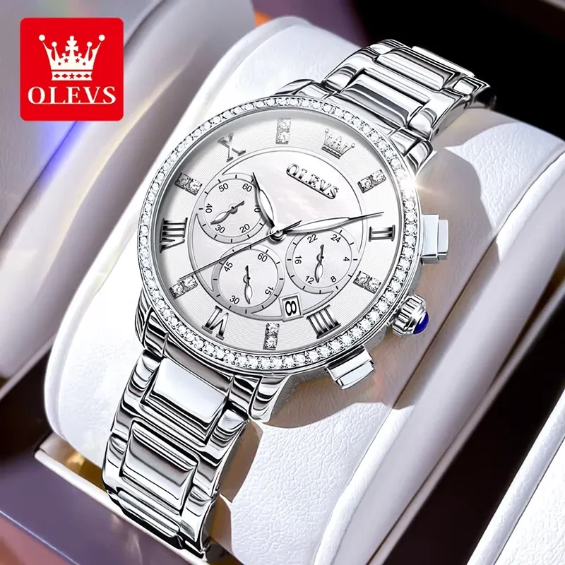 Olevs 9976 Chronograph White Dial Silver-Tone Ladies Watch