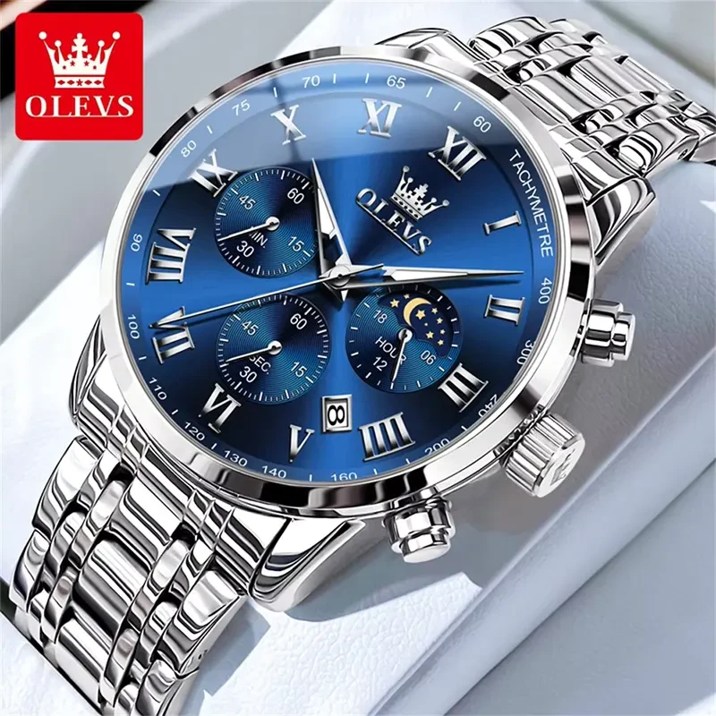 Olevs 5529 Blue Dial Silver-tone Moon Phase Men's Watch