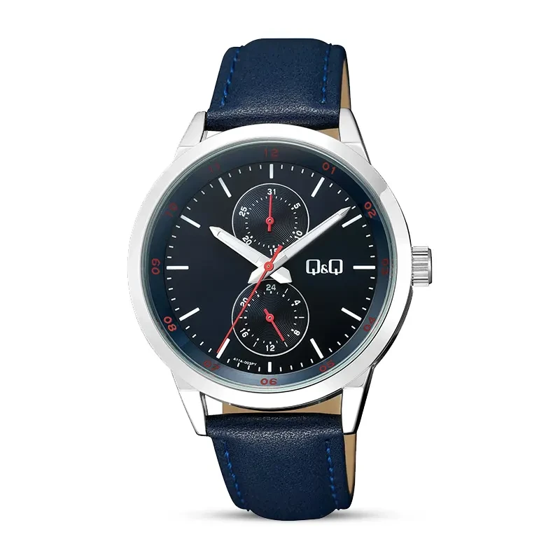 Q&Q A11A-003PY Blue Dial Leather Strap Men's Watch