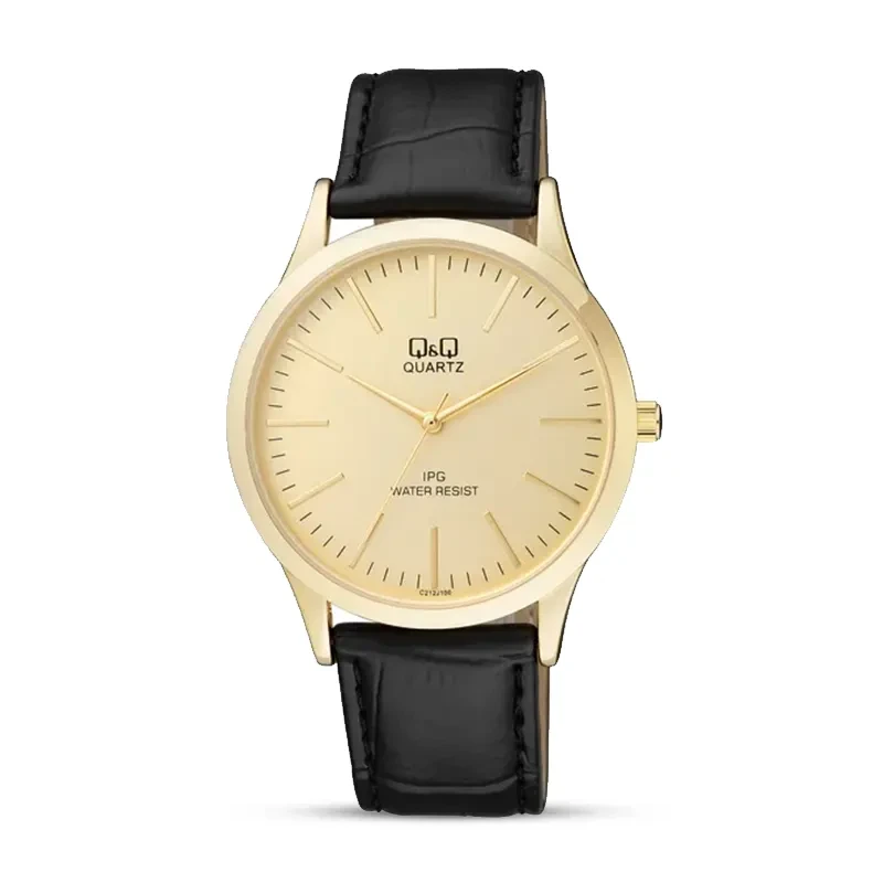 Q&Q C212J100Y Gold Dial Black Leather Men's Watch