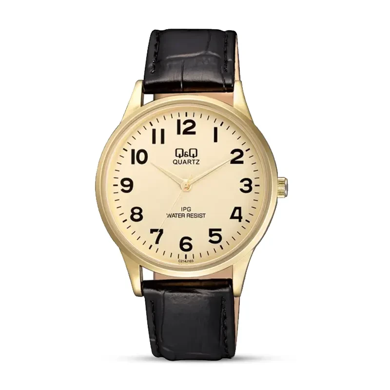 Q&Q Gold Dial Black Leather Strap Men's Watch | C214J103Y